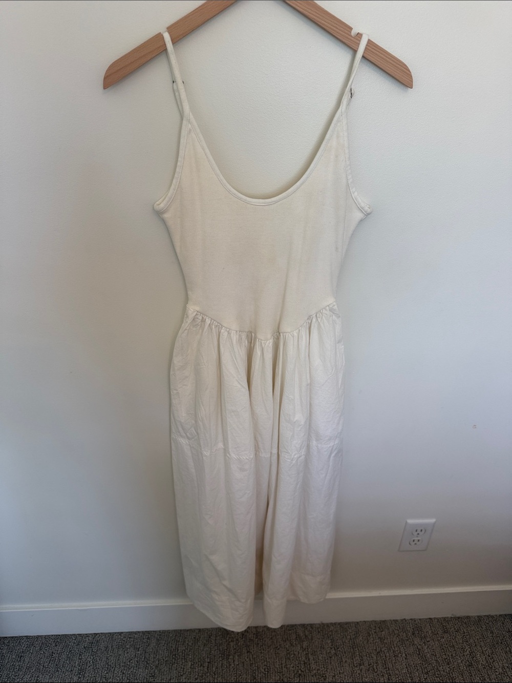 Free People Cream Sleeveless Midi Dress with Gathered Skirt
